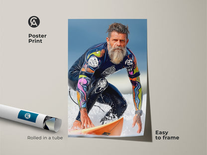 A surfer art print rolled in a tube is ready to frame. The poster shows a surfer riding a wave. Vintage surfer wall artwork adds ocean action to your home decor. Its modern realism style is perfect for gifts.