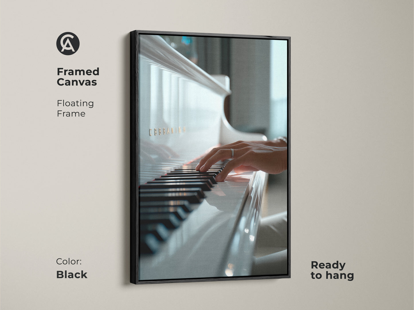 Framed canvas featuring a poised hand on piano keys. The floating frame is black and ready to hang. Elevate your home with this elegant music artwork. This art piece is perfect for music lovers.