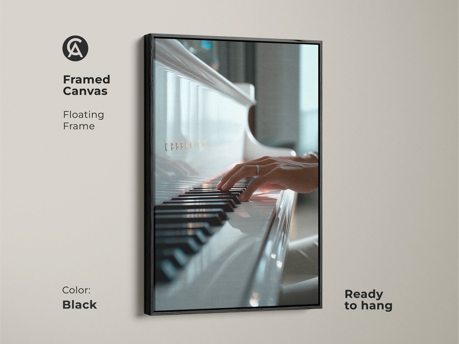 Framed canvas featuring a poised hand on piano keys. The floating frame is black and ready to hang. Elevate your home with this elegant music artwork. This art piece is perfect for music lovers.