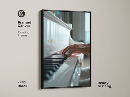 Framed canvas featuring a poised hand on piano keys. The floating frame is black and ready to hang. Elevate your home with this elegant music artwork. This art piece is perfect for music lovers.