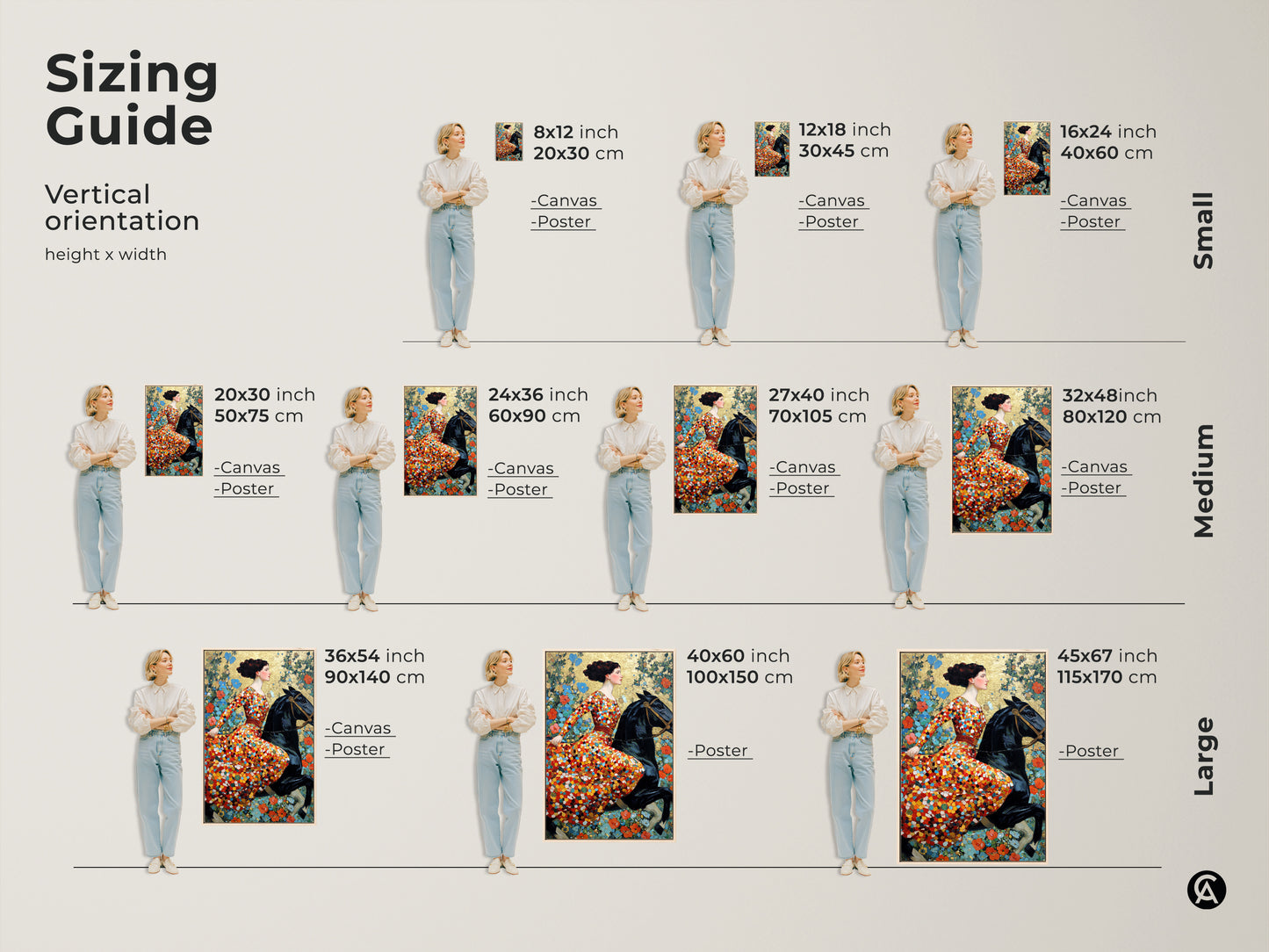 Sizing guide for the art nouveau woman horse canvas and poster prints. Vertical orientation sizes range from small to large. Find the perfect fit for your space. Choose from various dimensions to complement your eclectic home decor. Ideal art lover gift.