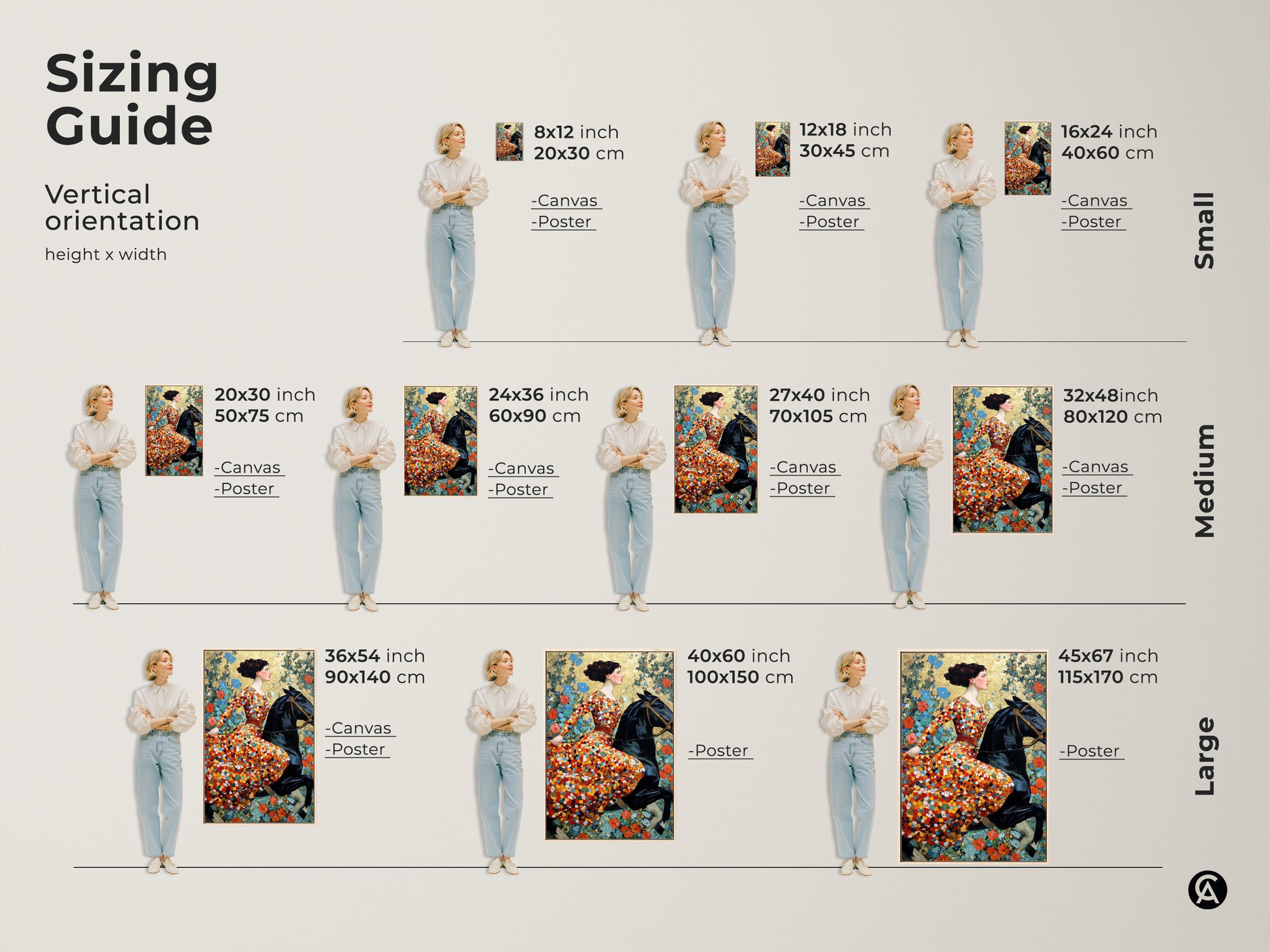 Sizing guide for the art nouveau woman horse canvas and poster prints. Vertical orientation sizes range from small to large. Find the perfect fit for your space. Choose from various dimensions to complement your eclectic home decor. Ideal art lover gift.