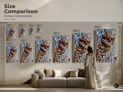 Compare sizes of the dark fantasy mummy art print. See how the gothic horror wall decor fits in a living room. Available in various dimensions for canvas and poster prints. The spooky mummy canvas adds a unique touch.