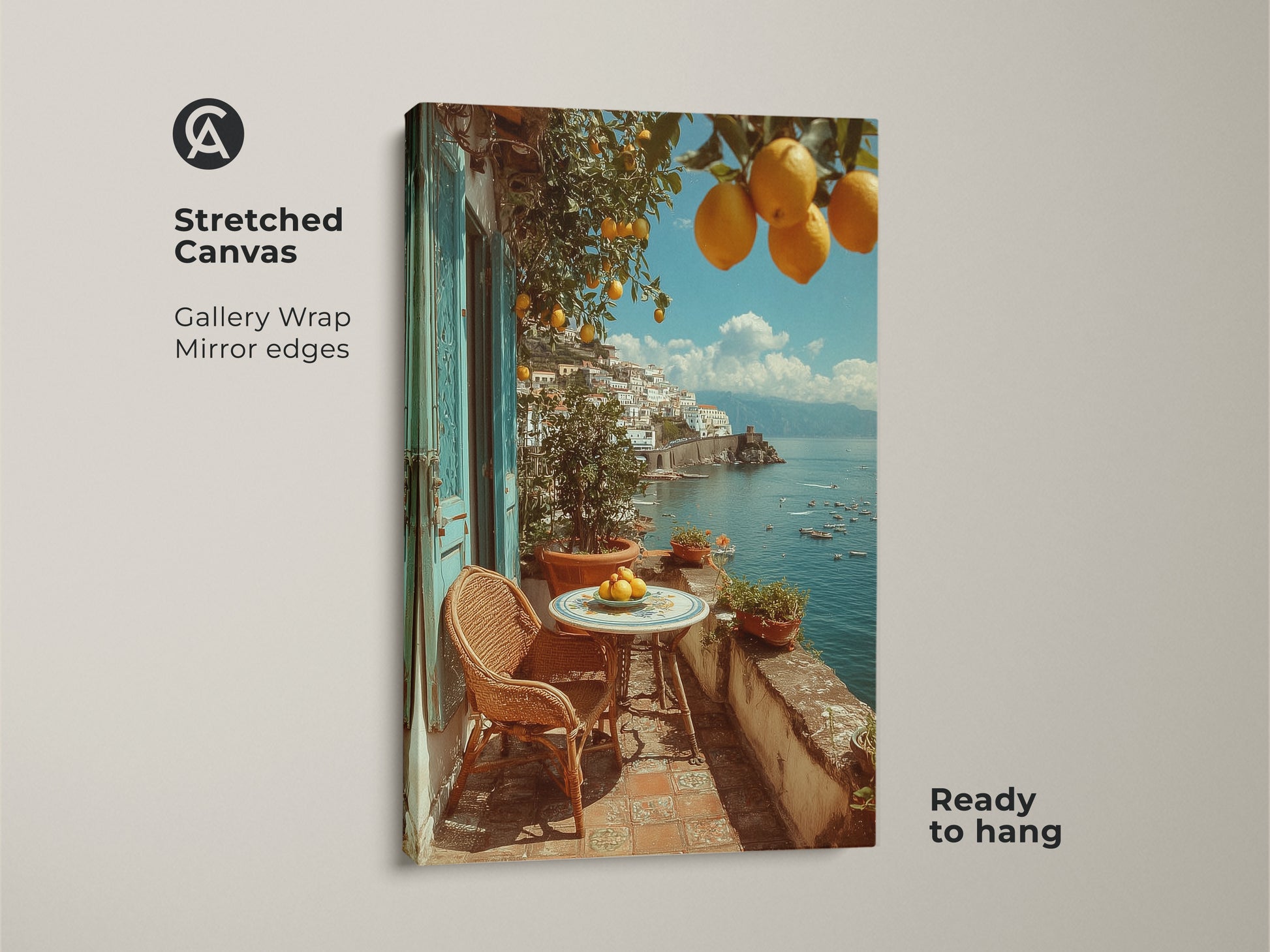 Stretched canvas print of a Mediterranean lemon art print. The gallery wrap features mirror edges and is ready to hang. This coastal villa artwork captures a balcony view with lemons and a coastal town. Ideal housewarming gift for travel lovers. The yellow orange blue art brings a summer vacation vibe to your space.