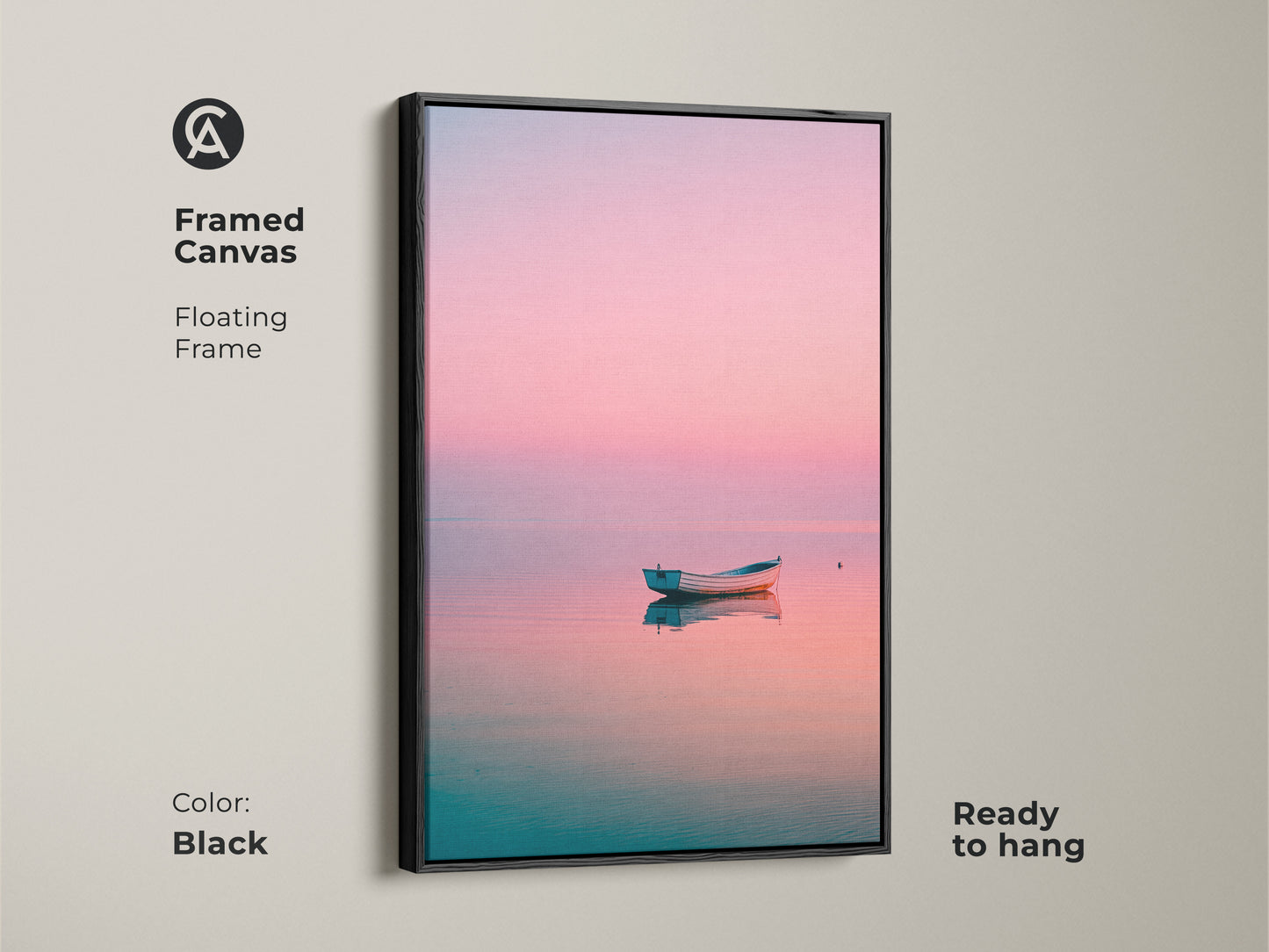 Framed canvas art featuring a boat on calm water. The floating frame is black. This coastal artwork is ready to hang. A peaceful and serene fine art print for your home.
