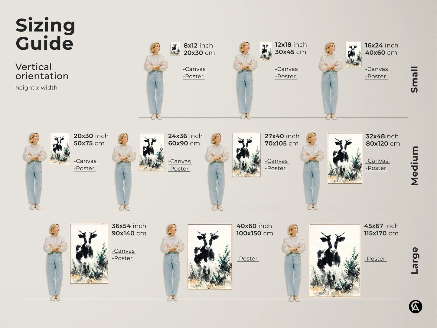 Sizing guide for vertical orientation featuring a black and white cow art. Sizes range from small to large. Canvas and poster options are available. Choose the perfect size for your living space. Add this to your home decor