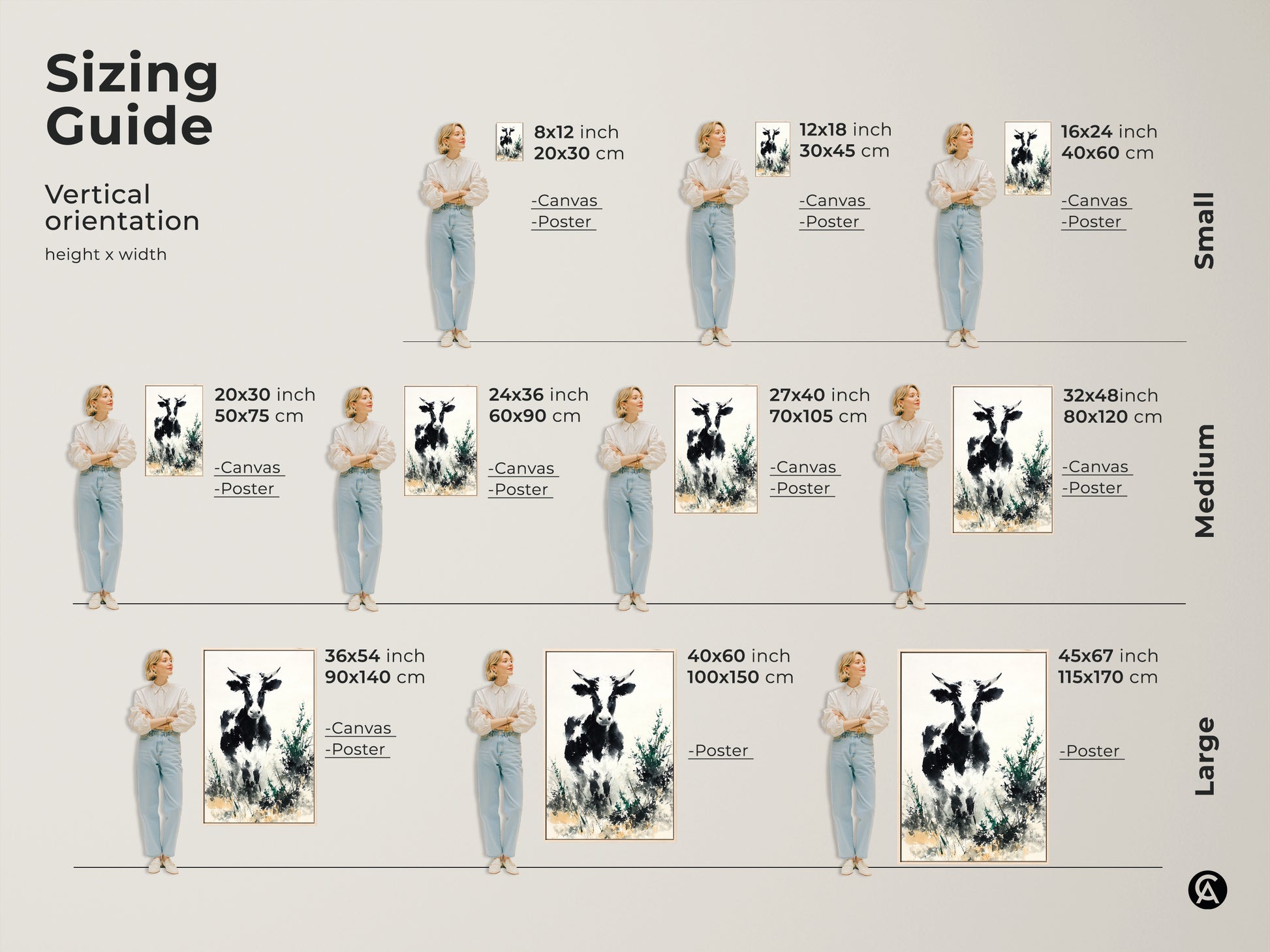 Sizing guide for vertical orientation featuring a black and white cow art. Sizes range from small to large. Canvas and poster options are available. Choose the perfect size for your living space. Add this to your home decor