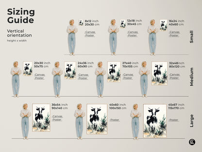 Sizing guide for vertical orientation featuring a black and white cow art. Sizes range from small to large. Canvas and poster options are available. Choose the perfect size for your living space. Add this to your home decor