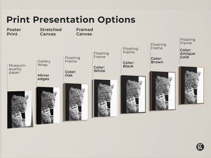 Print presentation options for the black and white leopard artwork. Choose from poster print stretched canvas and framed canvas styles. Floating frames available in white black oak brown and antique gold. Perfect monochrome wall art for any room. Find the ideal animal art print for your decor needs.