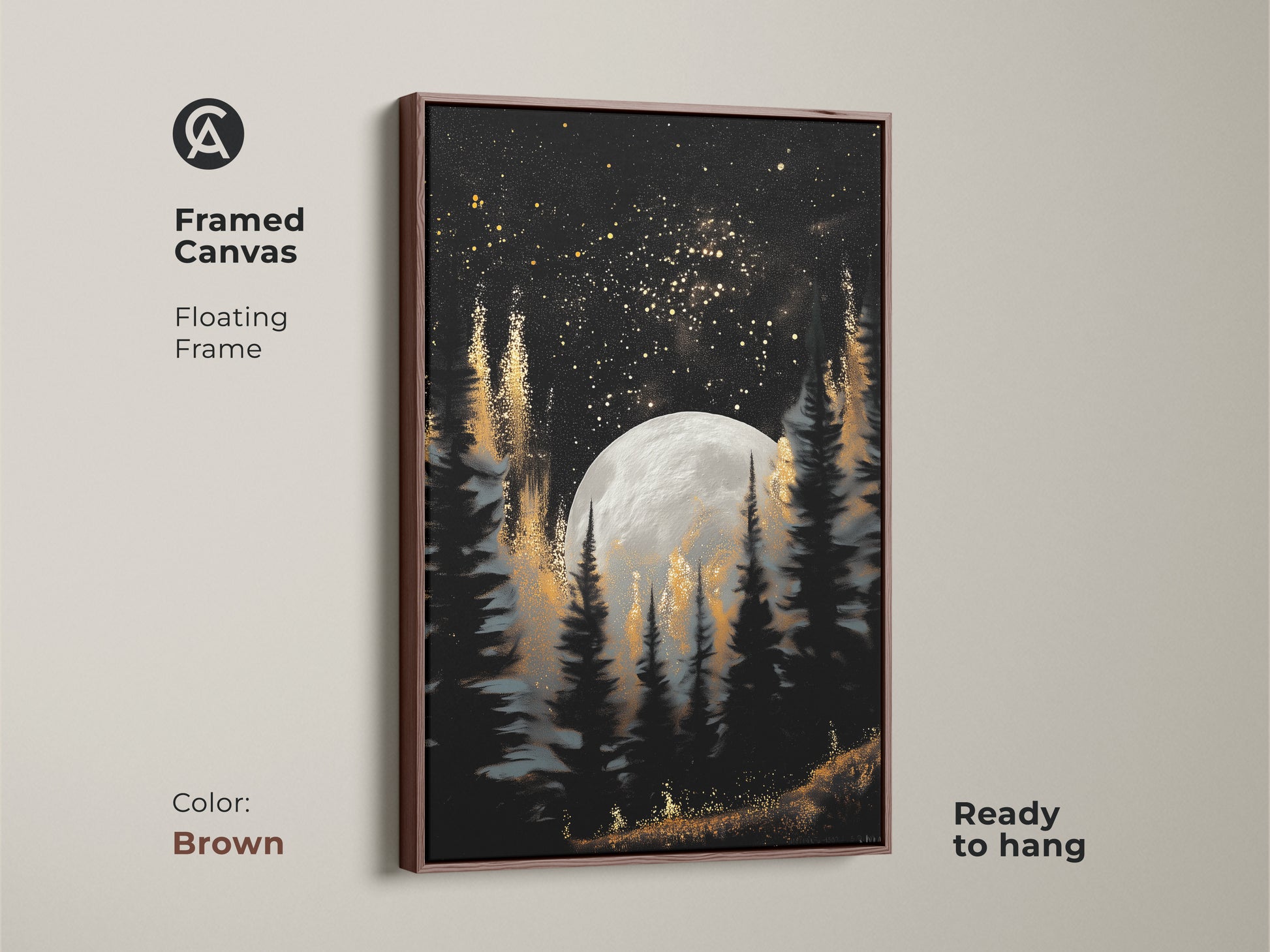 Elevate your space with this framed canvas art. It features a moonlit pine forest and a celestial night sky. The artwork has a floating frame in brown. It is ready to hang and adds a touch of elegance. The gold speckled forest print is perfect for a cozy and inviting atmosphere.