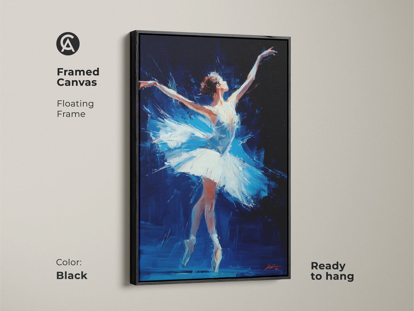 Framed canvas ballerina art in a black floating frame. The oil painting style captures the dancer's grace. This ready-to-hang artwork is modern. The ballerina looks poised. Shop framed art prints today