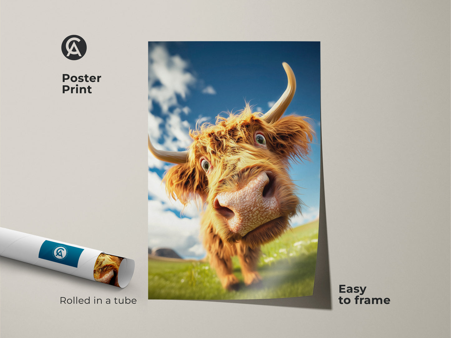 A whimsical cow poster rolled in a tube. Easy to frame natural landscape artwork. A funny cow art print that is a rustic animal lover gift. Bring country charm to your home.