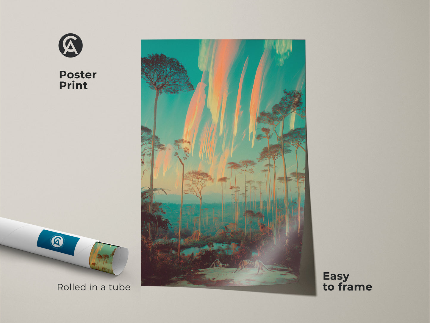 This surreal forest art is available as a poster print. It showcases a dreamlike landscape of slender trees against a teal and orange sky. The eclectic nature artwork arrives rolled in a tube and is easy to frame. This unique nature scene is a perfect way to bring a touch of wanderlust to any room.