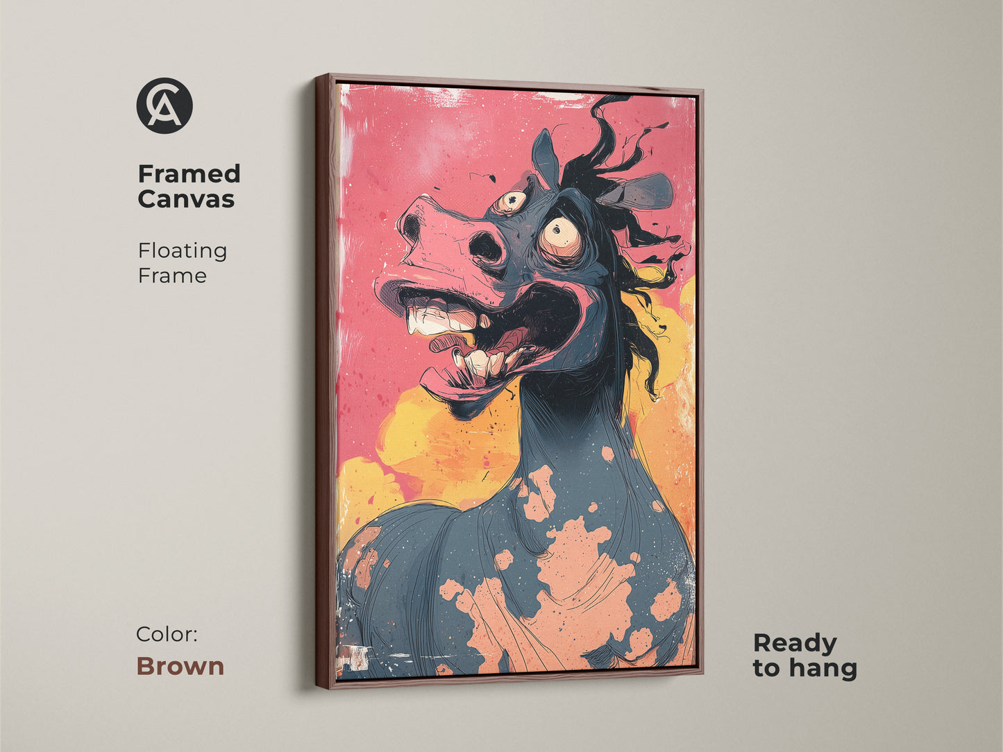 This framed canvas features cartoon horse artwork. It has a brown floating frame. The grotesque animal print is ready to hang. The pink teal and yellow colors add a whimsical touch. It is ideal for eclectic decor.