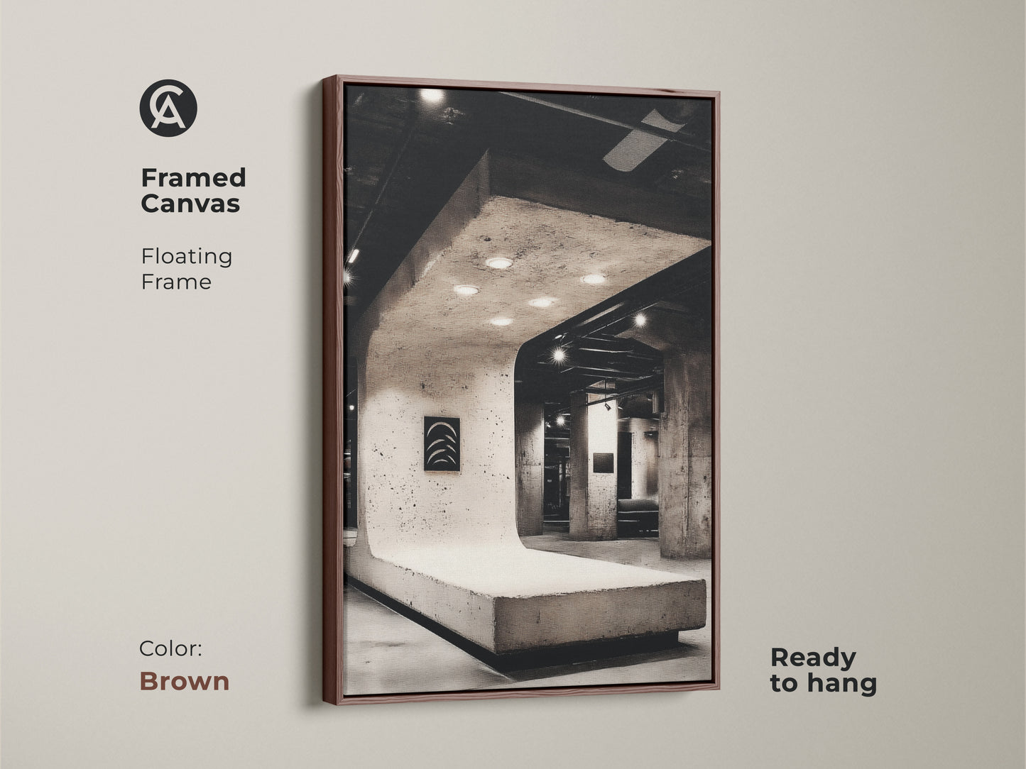 Brown framed canvas showcasing concrete structure artwork. Explore our modern office wall decor for a minimalist touch. The floating frame enhances architectural photography art. It's perfect for housewarming presents. Shop now to elevate your space!
