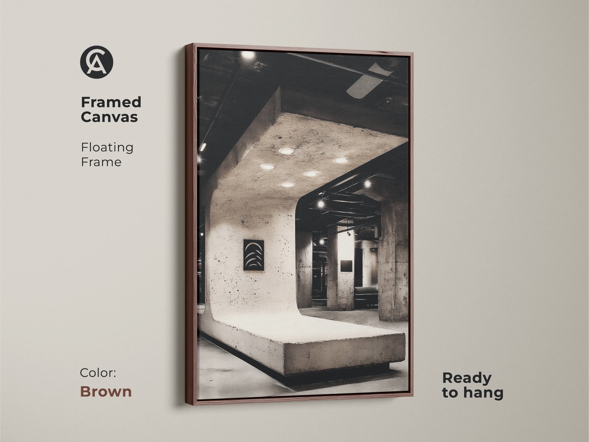 Brown framed canvas showcasing concrete structure artwork. Explore our modern office wall decor for a minimalist touch. The floating frame enhances architectural photography art. It's perfect for housewarming presents. Shop now to elevate your space!