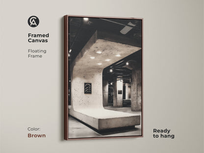 Brown framed canvas showcasing concrete structure artwork. Explore our modern office wall decor for a minimalist touch. The floating frame enhances architectural photography art. It's perfect for housewarming presents. Shop now to elevate your space!