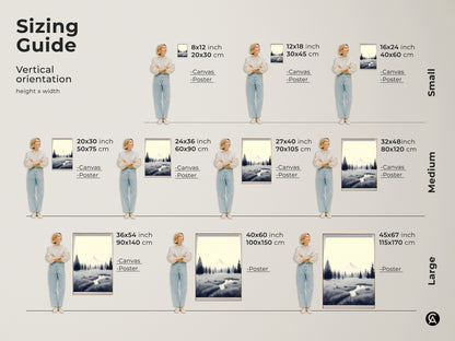 Sizing guide for vertical minimalist mountain artwork. Visualize canvas and poster sizes in inches and centimeters. Choose the perfect black and white landscape print. Ideal Scandinavian pine tree canvas for bedroom or office decor displayed here.