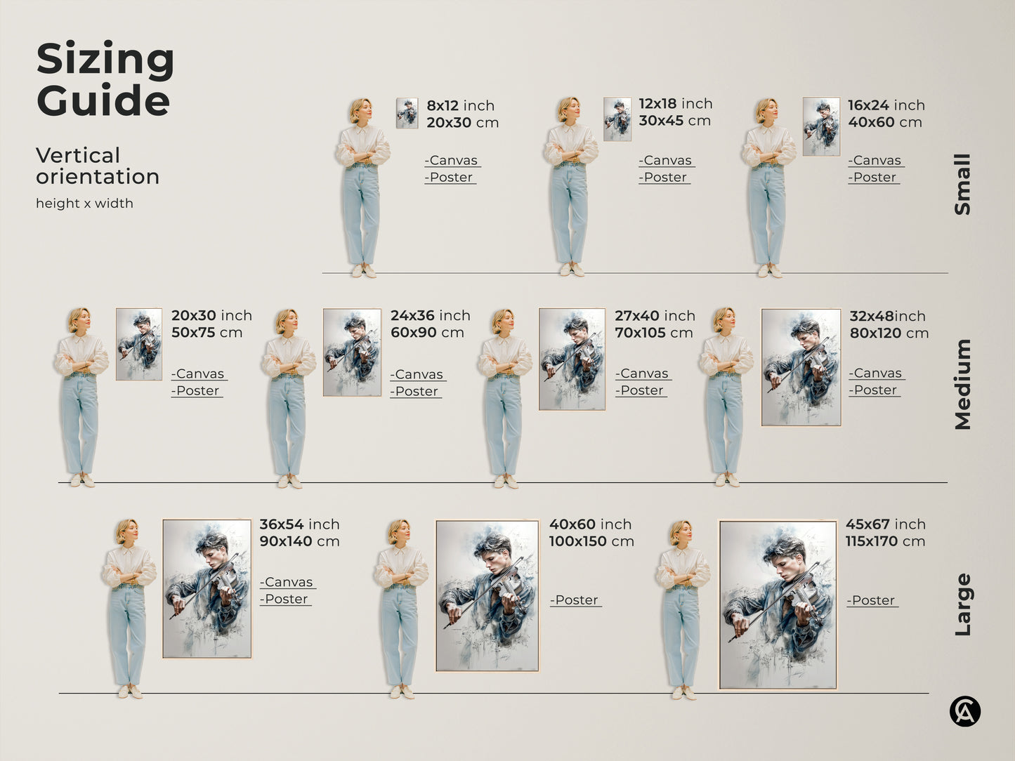 Sizing guide for vertical artwork featuring a young violinist. Available in small medium and large sizes. Canvas and poster options are available. Visualize the art in different dimensions to find the perfect fit for your space.