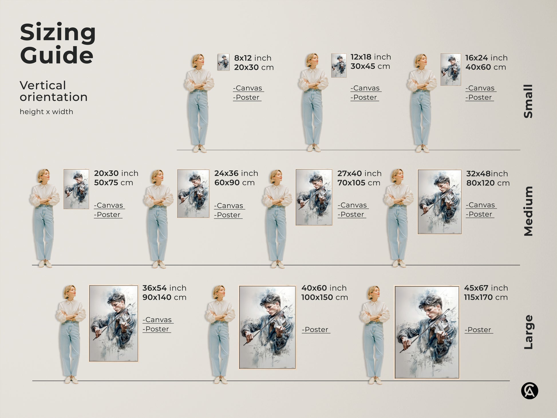 Sizing guide for vertical artwork featuring a young violinist. Available in small medium and large sizes. Canvas and poster options are available. Visualize the art in different dimensions to find the perfect fit for your space.
