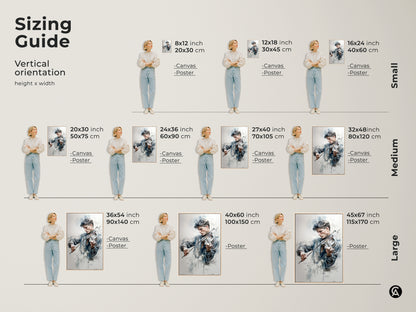 Sizing guide for vertical artwork featuring a young violinist. Available in small medium and large sizes. Canvas and poster options are available. Visualize the art in different dimensions to find the perfect fit for your space.