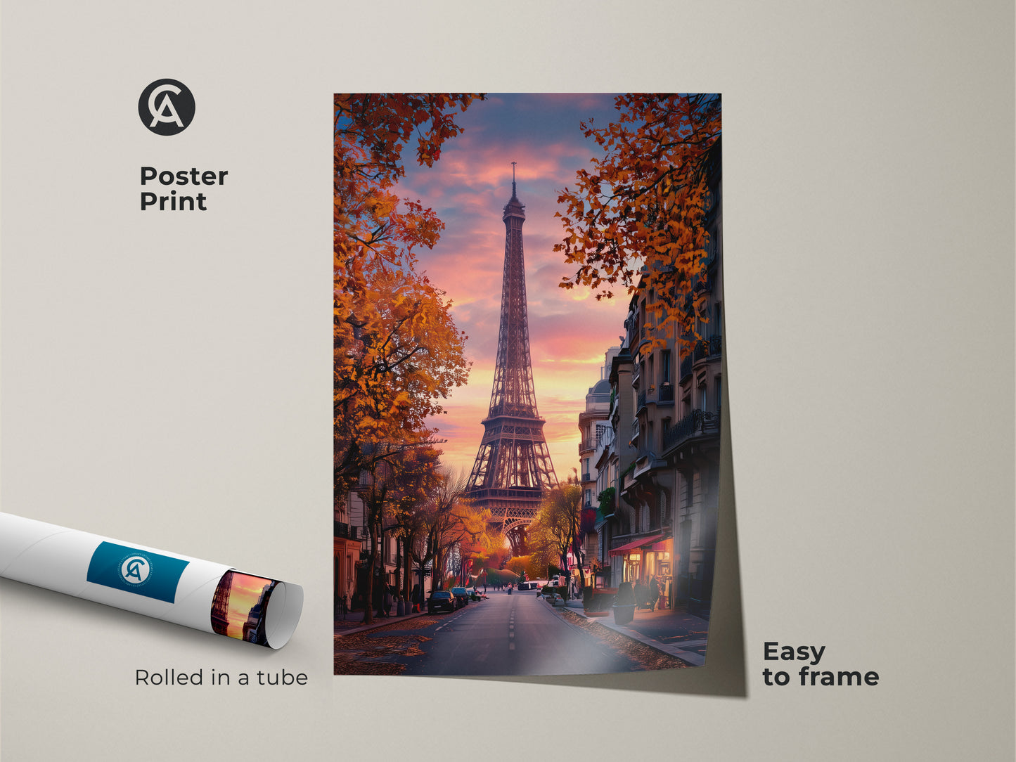 Poster print of Eiffel Tower art. This Paris street scene canvas is easy to frame. A romantic cityscape art print rolled in a tube. The sunset sky bedroom decor looks great in any room. Autumn Paris wall hanging.