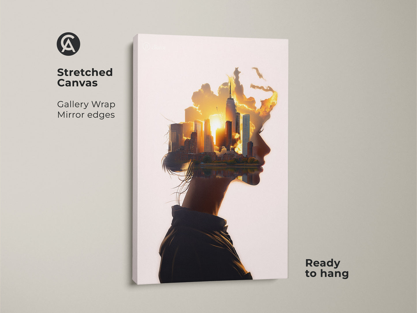 Stretched Canvas gallery wrap mirror edges woman profile cityscape art. Abstract surreal wall art ready to hang. Conceptual urban landscape canvas in orange yellow gold. Contemporary art for modern bedroom wall decor or office art. This artwork is a unique housewarming gift.