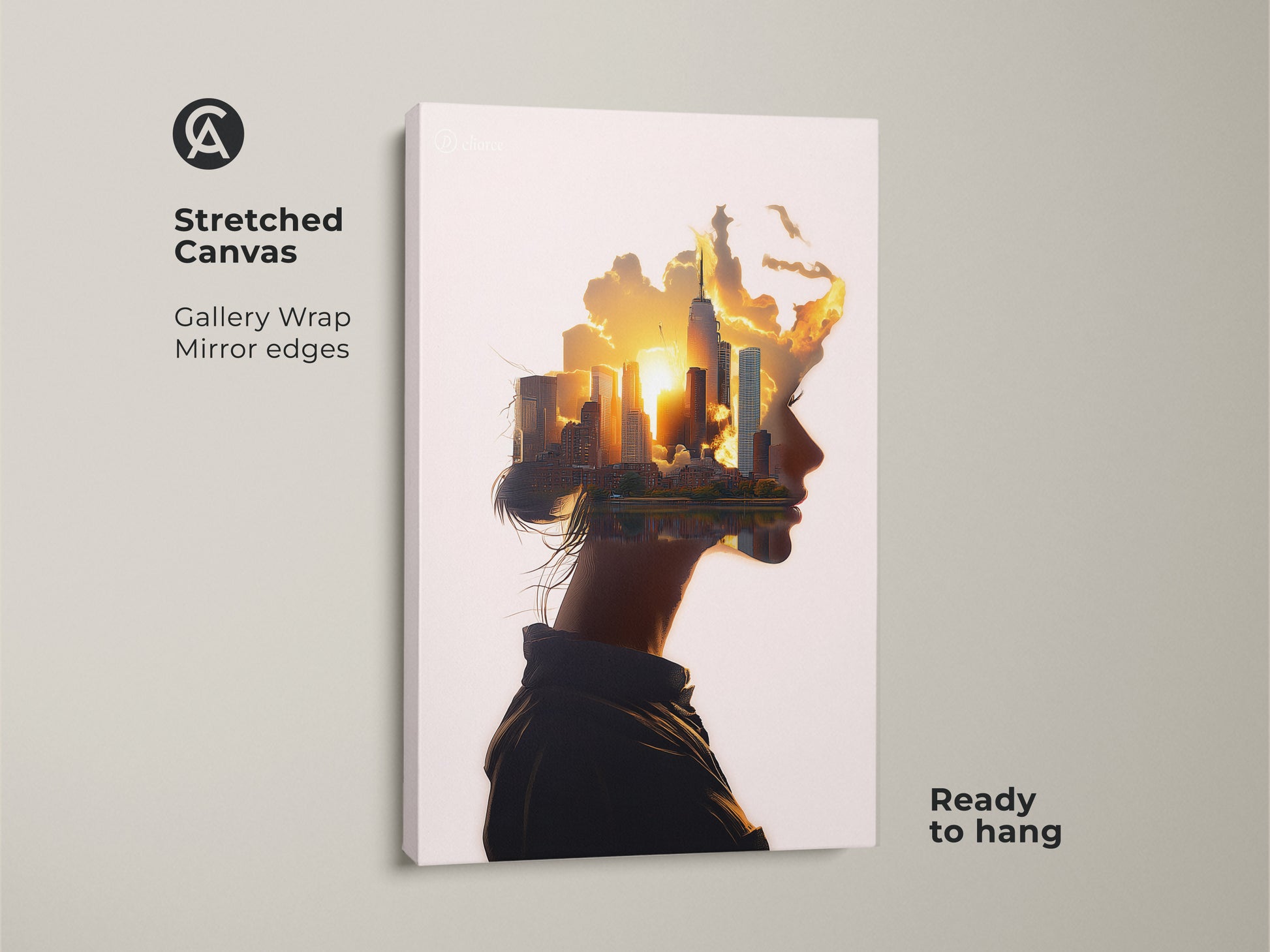 Stretched Canvas gallery wrap mirror edges woman profile cityscape art. Abstract surreal wall art ready to hang. Conceptual urban landscape canvas in orange yellow gold. Contemporary art for modern bedroom wall decor or office art. This artwork is a unique housewarming gift.