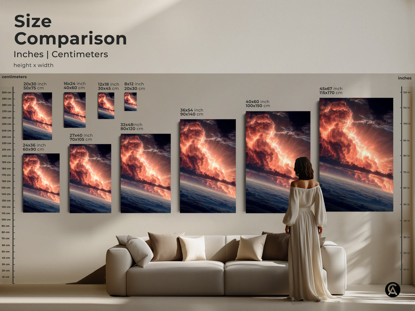 Size comparison of fiery sky artwork. Inches and centimeters are shown for each size. Artwork is available as canvas or poster print. See how the artwork looks in a living room setting. Find the perfect size for your wall.