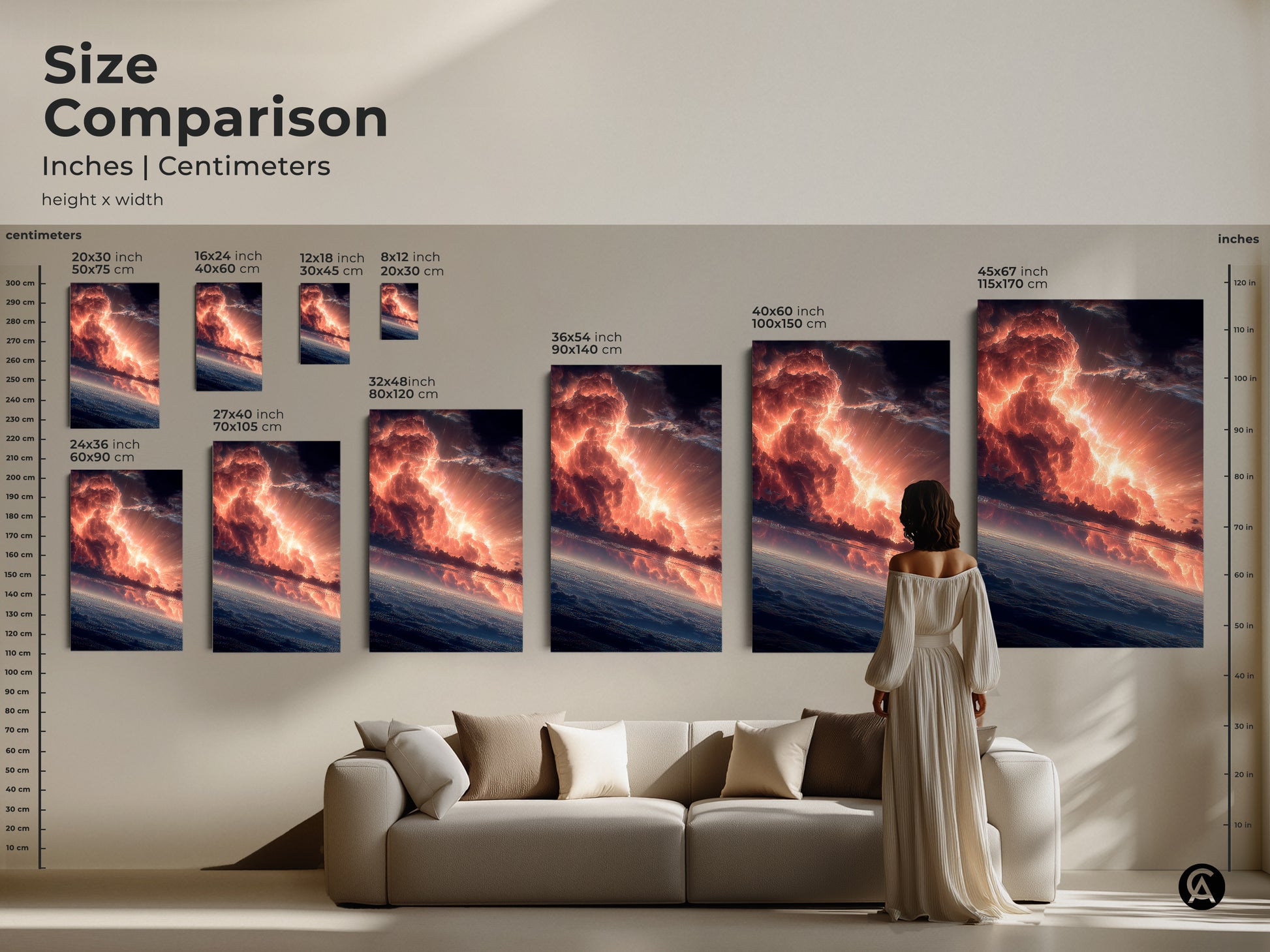 Size comparison of fiery sky artwork. Inches and centimeters are shown for each size. Artwork is available as canvas or poster print. See how the artwork looks in a living room setting. Find the perfect size for your wall.