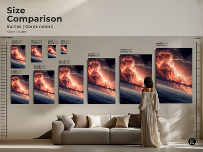 Size comparison of fiery sky artwork. Inches and centimeters are shown for each size. Artwork is available as canvas or poster print. See how the artwork looks in a living room setting. Find the perfect size for your wall.
