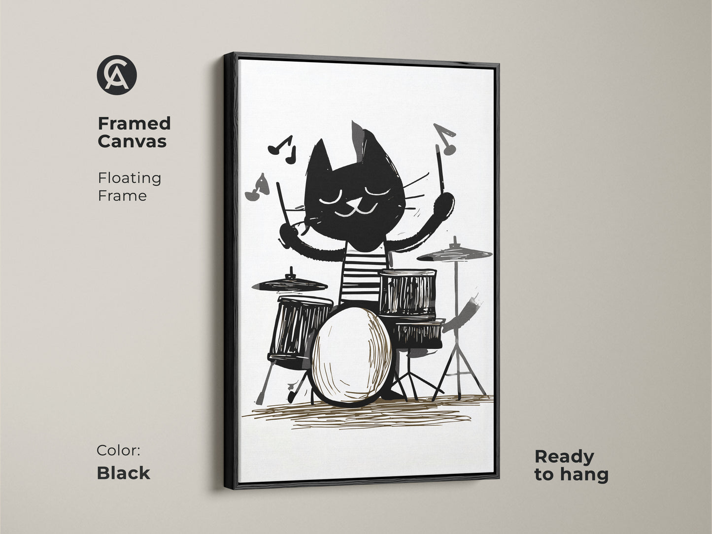 Framed Canvas featuring a cat playing drums. Black color floating frame. Black and white cat art print is a music lover gift idea. Perfect kids room animal decor. Eclectic home art ready to hang.