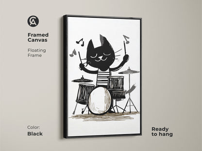 Framed Canvas featuring a cat playing drums. Black color floating frame. Black and white cat art print is a music lover gift idea. Perfect kids room animal decor. Eclectic home art ready to hang.