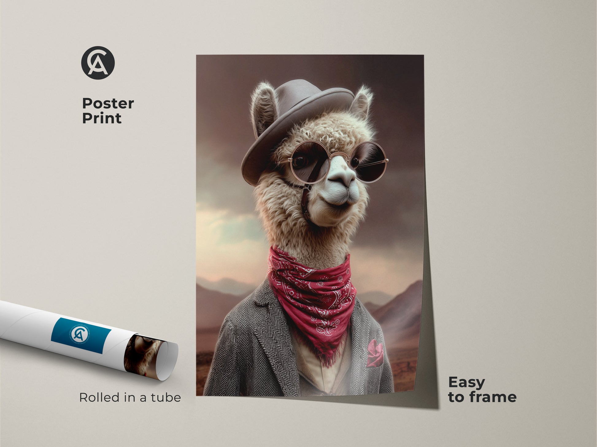 Poster print of a Dapper Alpaca. This Alpaca art features the animal with a cowboy hat sunglasses and red bandana. This eclectic office art comes rolled in a tube and is easy to frame. A unique housewarming gift for animal lovers.