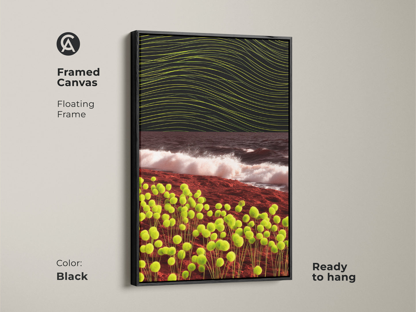 Black framed canvas of abstract orb and wave artwork. A surreal landscape print perfect for adding a modern touch. Ready to hang minimalist art for contemporary spaces.