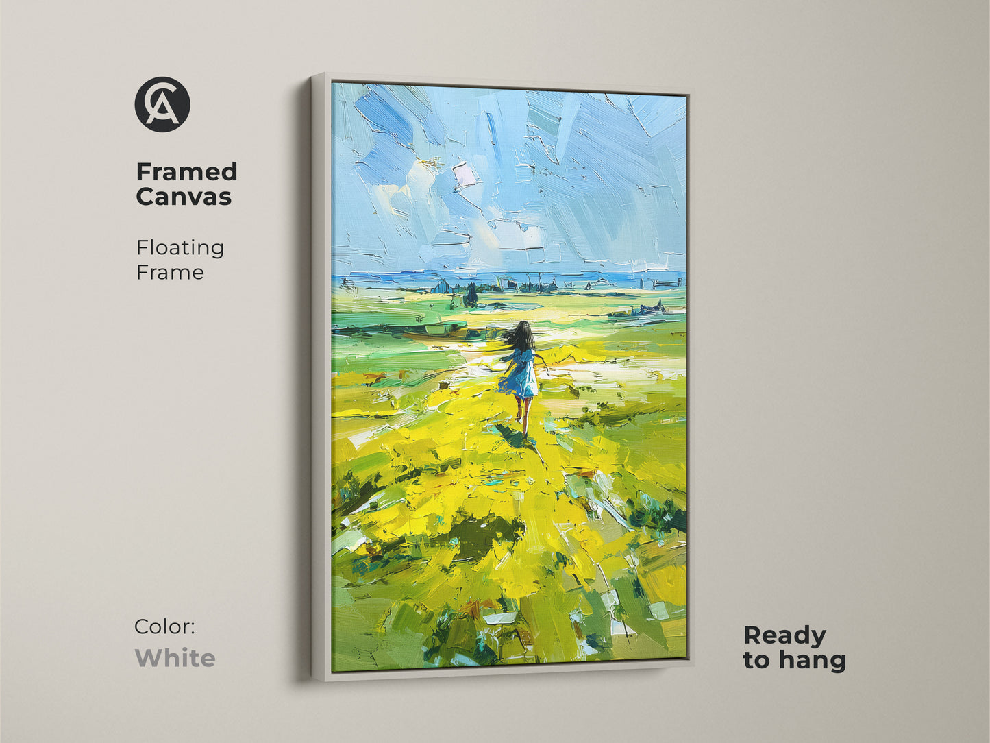 White Framed Canvas featuring a Girl in a Yellow Field. This floating frame showcases the dreamy landscape art. It is ready to hang and brings a touch of nature indoors. Perfect as a birthday gift or a unique addition to any home decor. Enjoy the vibrant colors and free spirit feel.