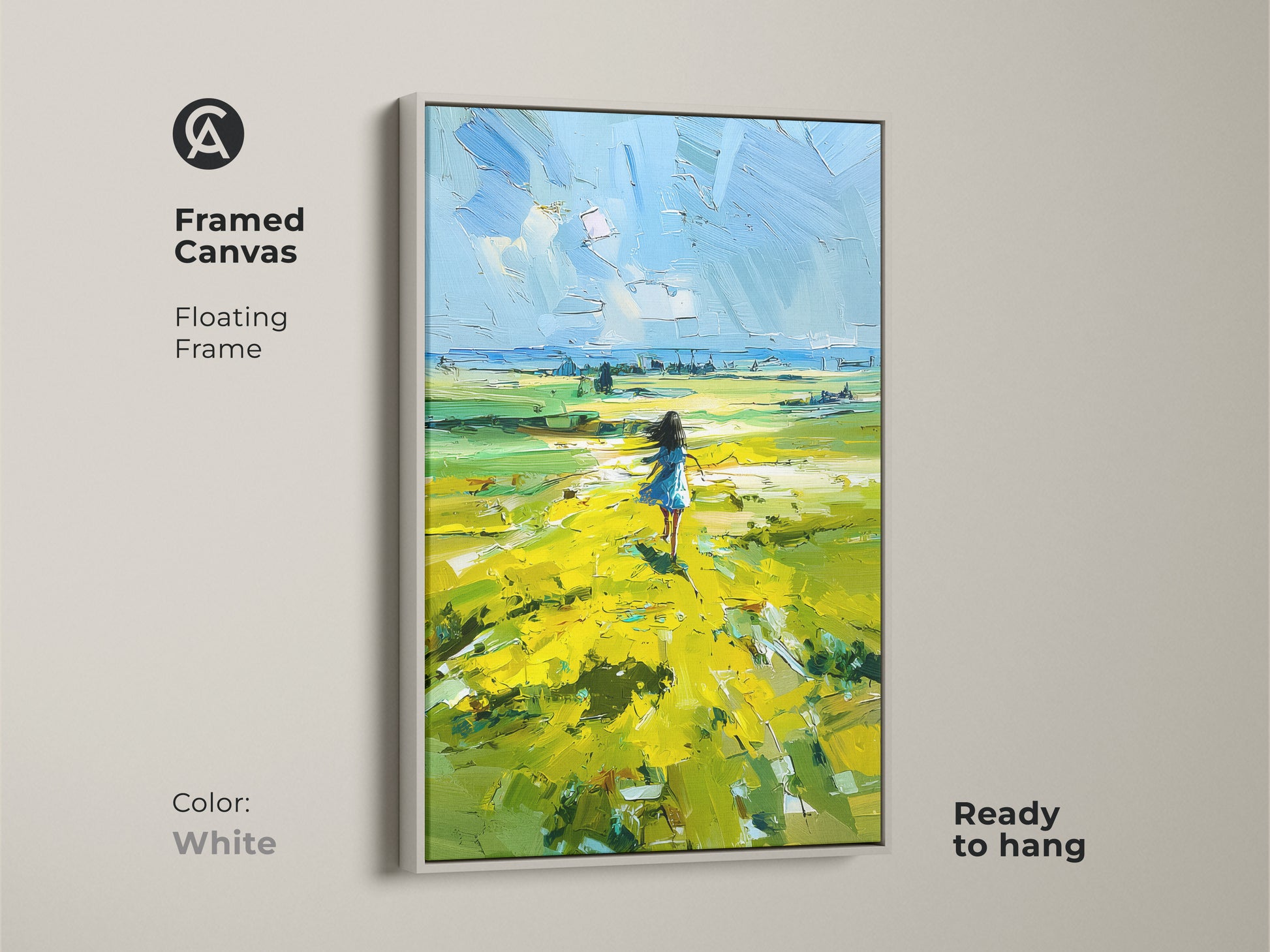 White Framed Canvas featuring a Girl in a Yellow Field. This floating frame showcases the dreamy landscape art. It is ready to hang and brings a touch of nature indoors. Perfect as a birthday gift or a unique addition to any home decor. Enjoy the vibrant colors and free spirit feel.