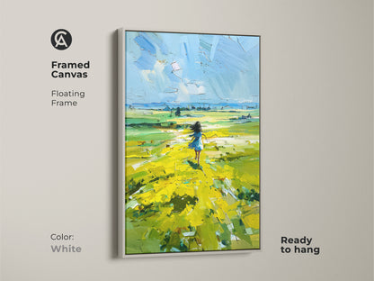 White Framed Canvas featuring a Girl in a Yellow Field. This floating frame showcases the dreamy landscape art. It is ready to hang and brings a touch of nature indoors. Perfect as a birthday gift or a unique addition to any home decor. Enjoy the vibrant colors and free spirit feel.