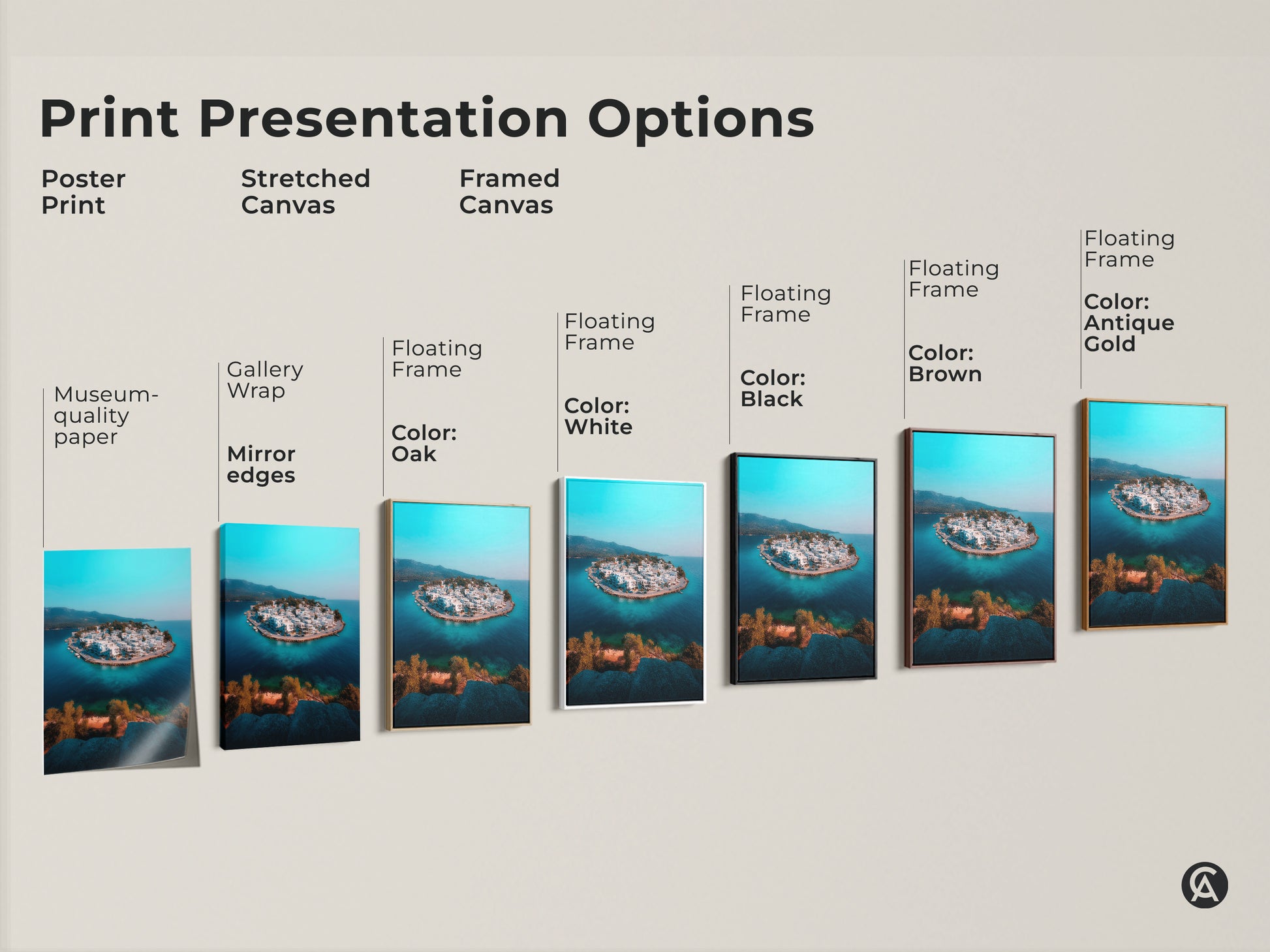 Explore various print presentation options showcasing an aerial view of a coastal island village. Choose from poster prints stretched canvas or framed canvas with different colors. Each option highlights the turquoise waters and white townscape offering museum-quality art perfect for coastal modern home decor and a travel lover gift.