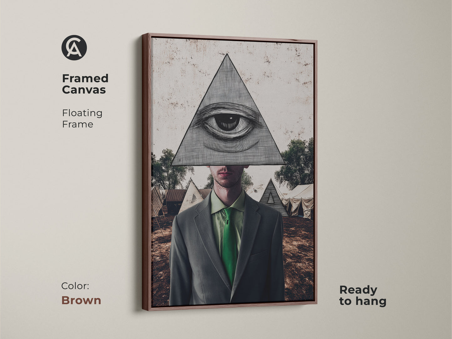 Brown framed canvas showcasing pyramid man wall art. This surrealist collage art with an all-seeing eye print adds a unique touch. Green grey brown tones enhance eclectic decor.