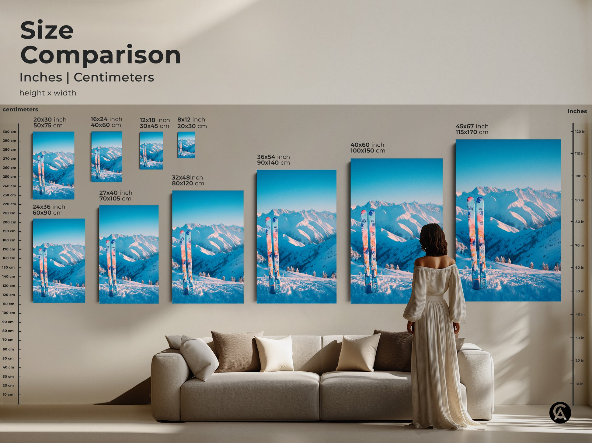 Size comparison of mountain and ski art prints in a living room setting. See how each size transforms the space. From small accents to large statement pieces. Choose the perfect dimensions to enhance your home decor. Find the ideal art for your living room.