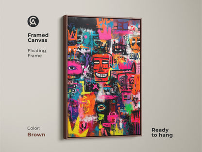 Framed canvas showcasing graffiti artwork. The floating frame complements the art piece. With a brown frame this ready-to-hang artwork will enhance your living space. Its vibrant colors and bold imagery make it a must-have.