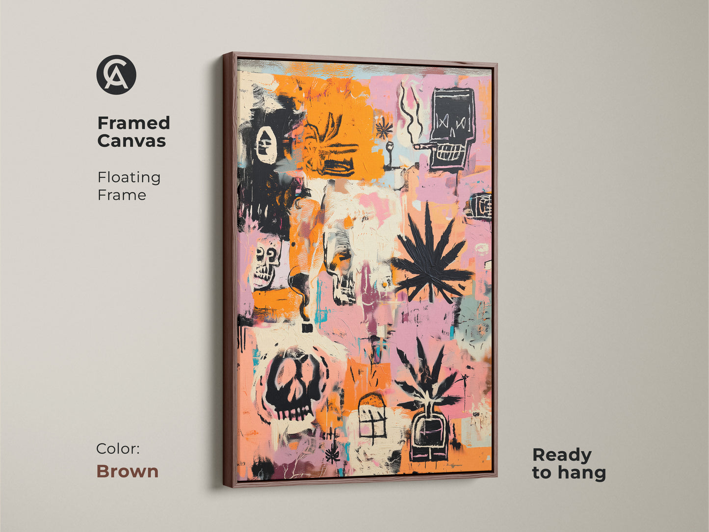 Framed canvas featuring a skull and cannabis leaf art piece. The frame is brown. The artwork includes a mix of orange and pink hues. It is ready to hang. This framed artwork is a bold statement piece.