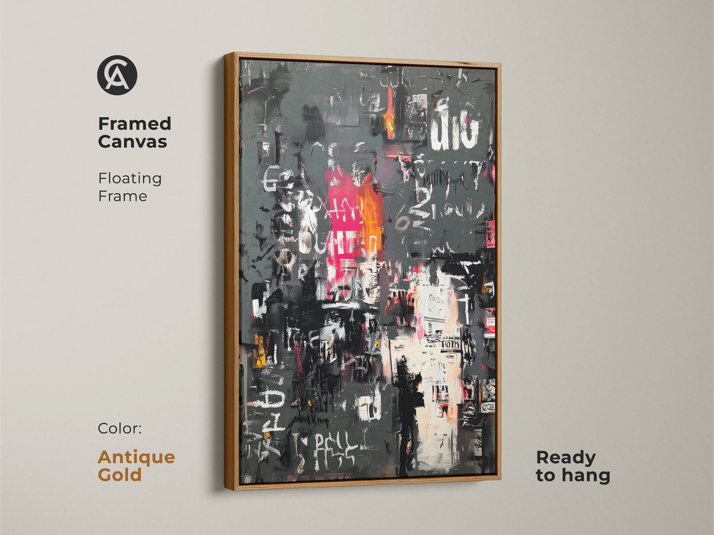 Framed canvas showcasing abstract urban collage art. The antique gold frame adds a vintage touch. This piece is ready to hang. The gold frame enhances the artwork's vibrant colors. Perfect for adding character to any room.