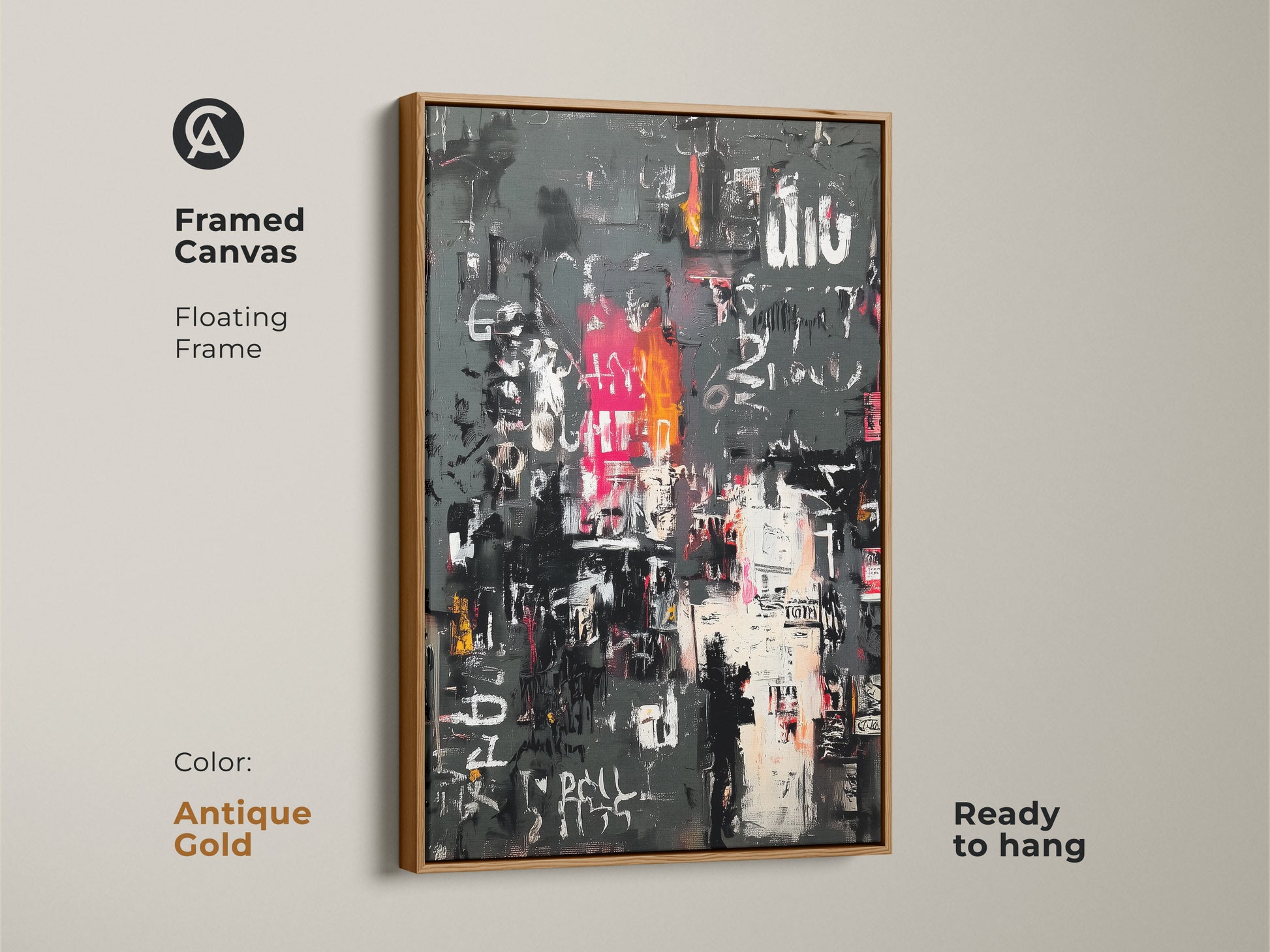 Framed canvas showcasing abstract urban collage art. The antique gold frame adds a vintage touch. This piece is ready to hang. The gold frame enhances the artwork's vibrant colors. Perfect for adding character to any room.