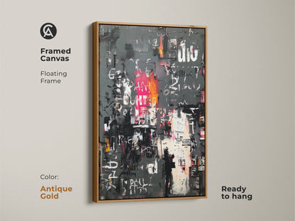 Framed canvas showcasing abstract urban collage art. The antique gold frame adds a vintage touch. This piece is ready to hang. The gold frame enhances the artwork's vibrant colors. Perfect for adding character to any room.