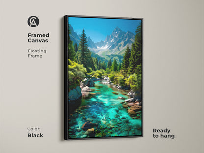 Framed canvas featuring a mountain river landscape. The floating frame adds a touch of elegance. Black frame complements the emerald green canvas print. Ready to hang for easy wall decor. Turquoise landscape art brings a contemporary nature canvas to any room. Perfect for alpine scenery artwork lovers.