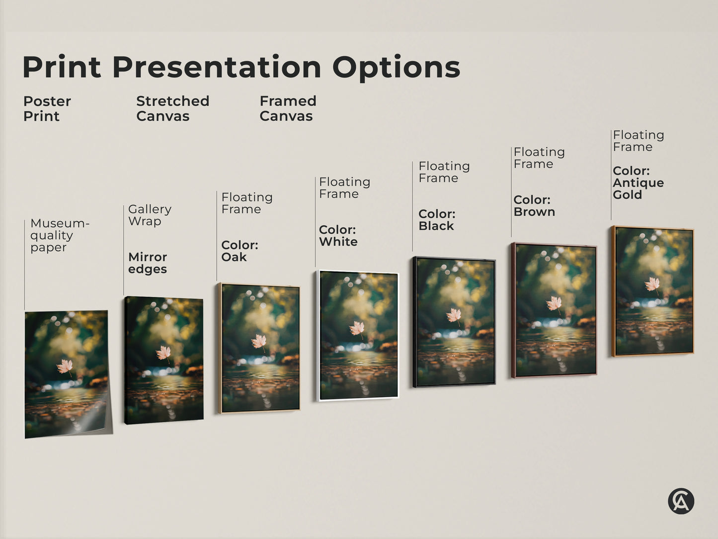 Explore our range of print presentation options for this captivating artwork. Choose from poster prints stretched canvas and framed canvas. Each option showcases a serene autumn leaf scene. Find the perfect style to complement your space today.