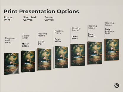 Explore our range of print presentation options for this captivating artwork. Choose from poster prints stretched canvas and framed canvas. Each option showcases a serene autumn leaf scene. Find the perfect style to complement your space today.