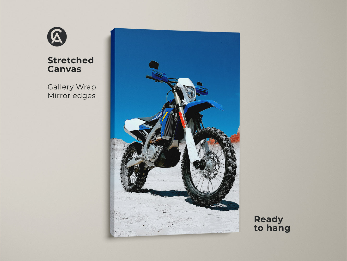 Stretched canvas featuring motocross motorcycle art. This blue and white dirt bike art is gallery wrapped with mirror edges. Ready to hang for instant garage man cave decor. Ideal for motorcycle enthusiasts who love off road vehicles.